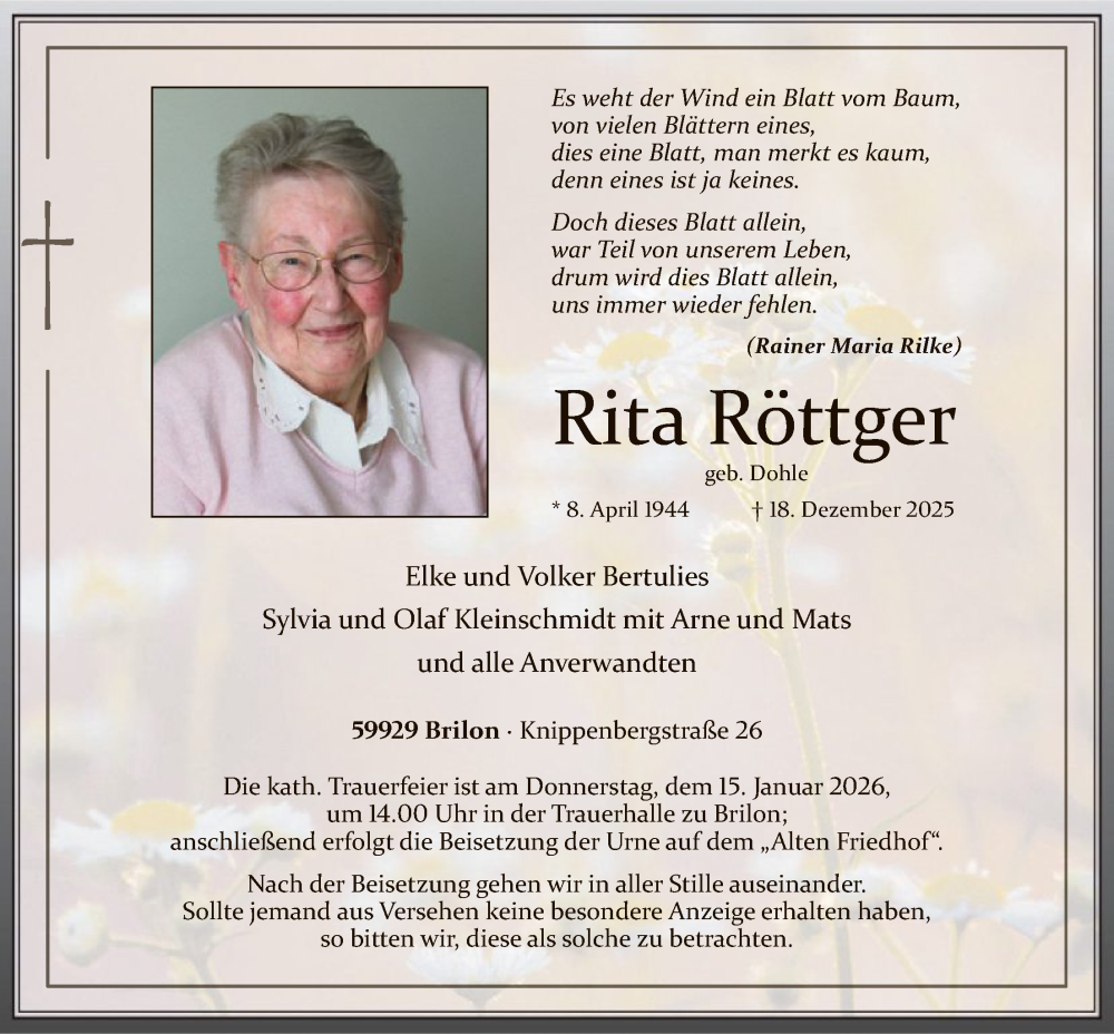 Traueranzeige für Rita Röttger vom 10.01.2026 aus HASK