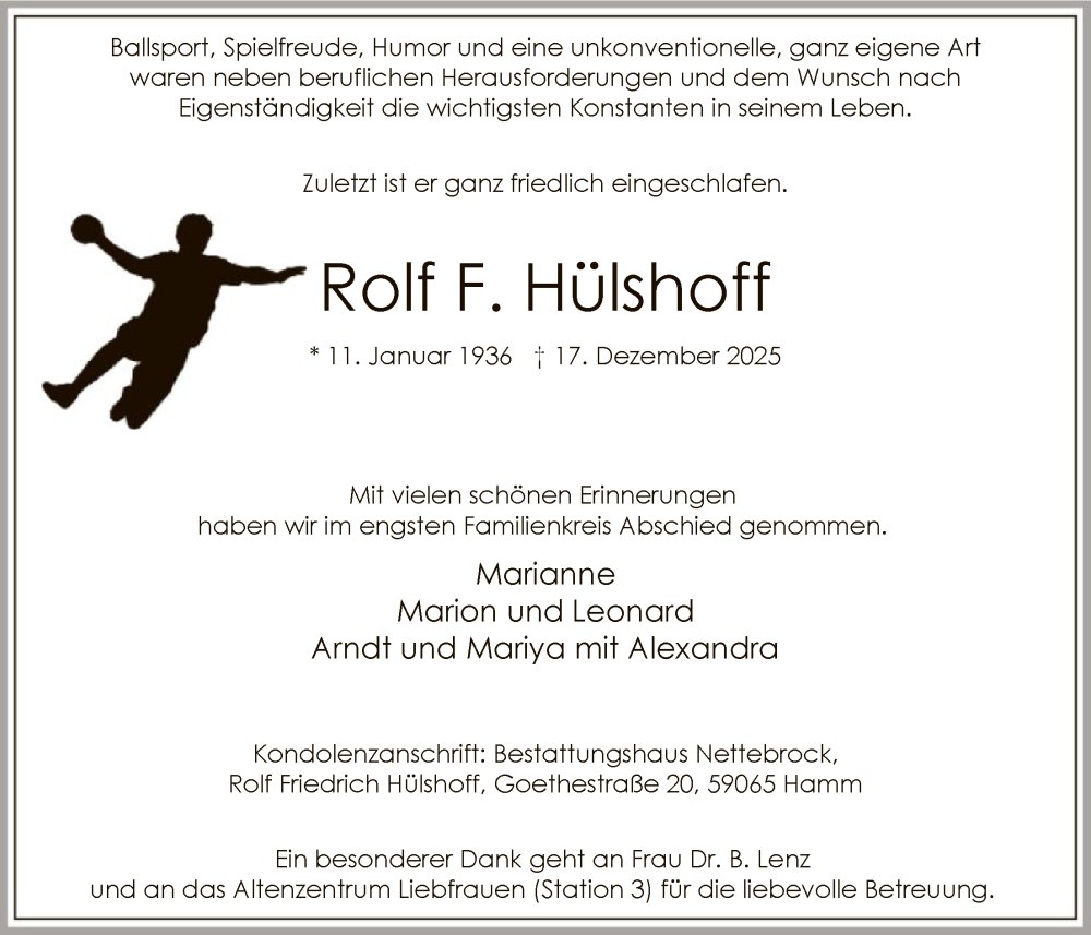  Traueranzeige für Rolf F. Hülshoff vom 10.01.2026 aus HAWA