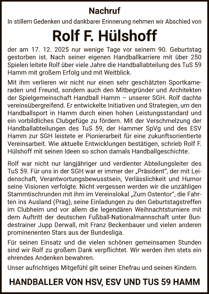  Traueranzeige für Rolf F. Hülshoff vom 12.01.2026 aus HAWA