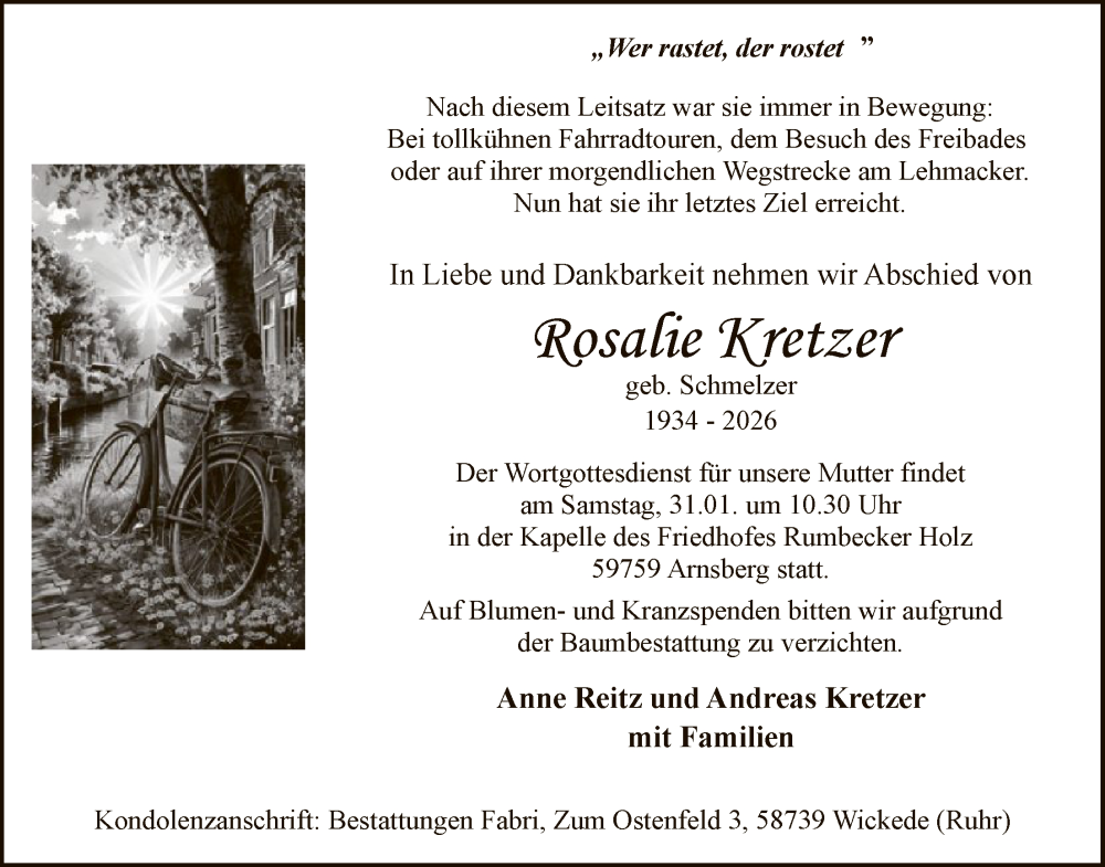  Traueranzeige für Rosalie Kretzer vom 17.01.2026 aus HASO