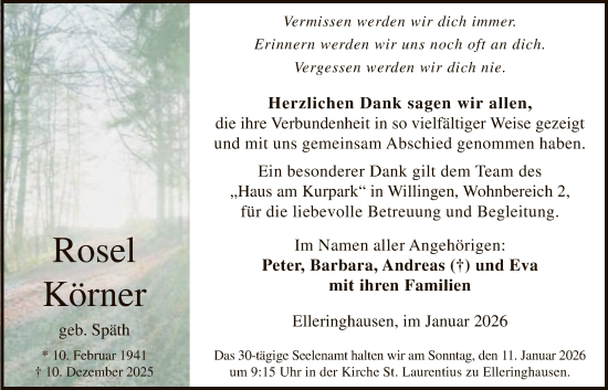 Traueranzeige von Rosel Körner von HASK