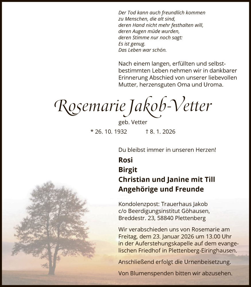  Traueranzeige für Rosemarie Jakob-Vetter vom 16.01.2026 aus HALN