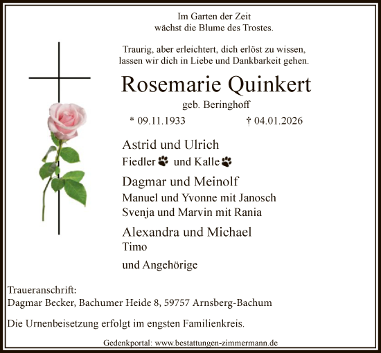 Traueranzeige von Rosemarie Quinkert von HASK