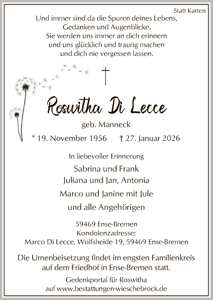  Traueranzeige für Roswitha Di Lecce vom 31.01.2026 aus HASO
