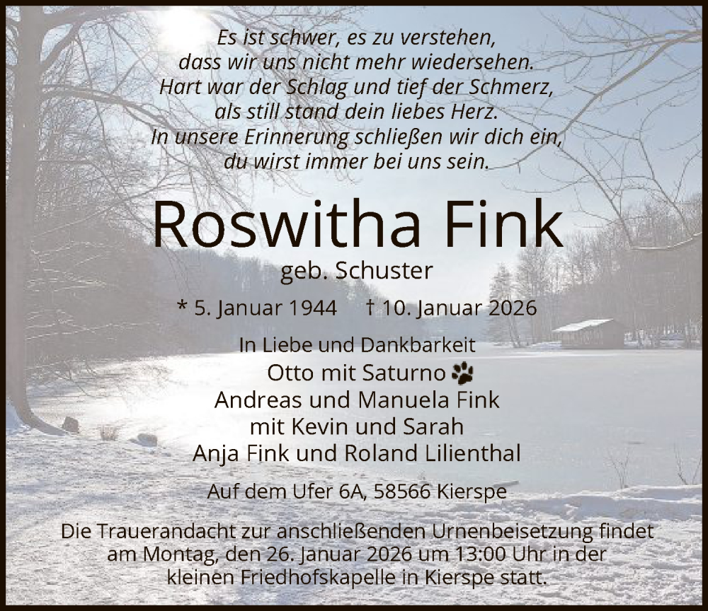  Traueranzeige für Roswitha Fink vom 17.01.2026 aus HALN