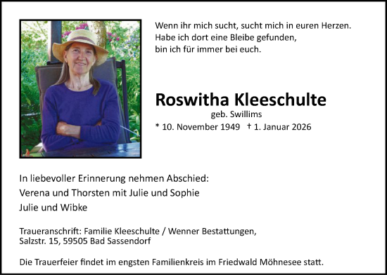 Traueranzeige von Roswitha Kleeschulte von HASO
