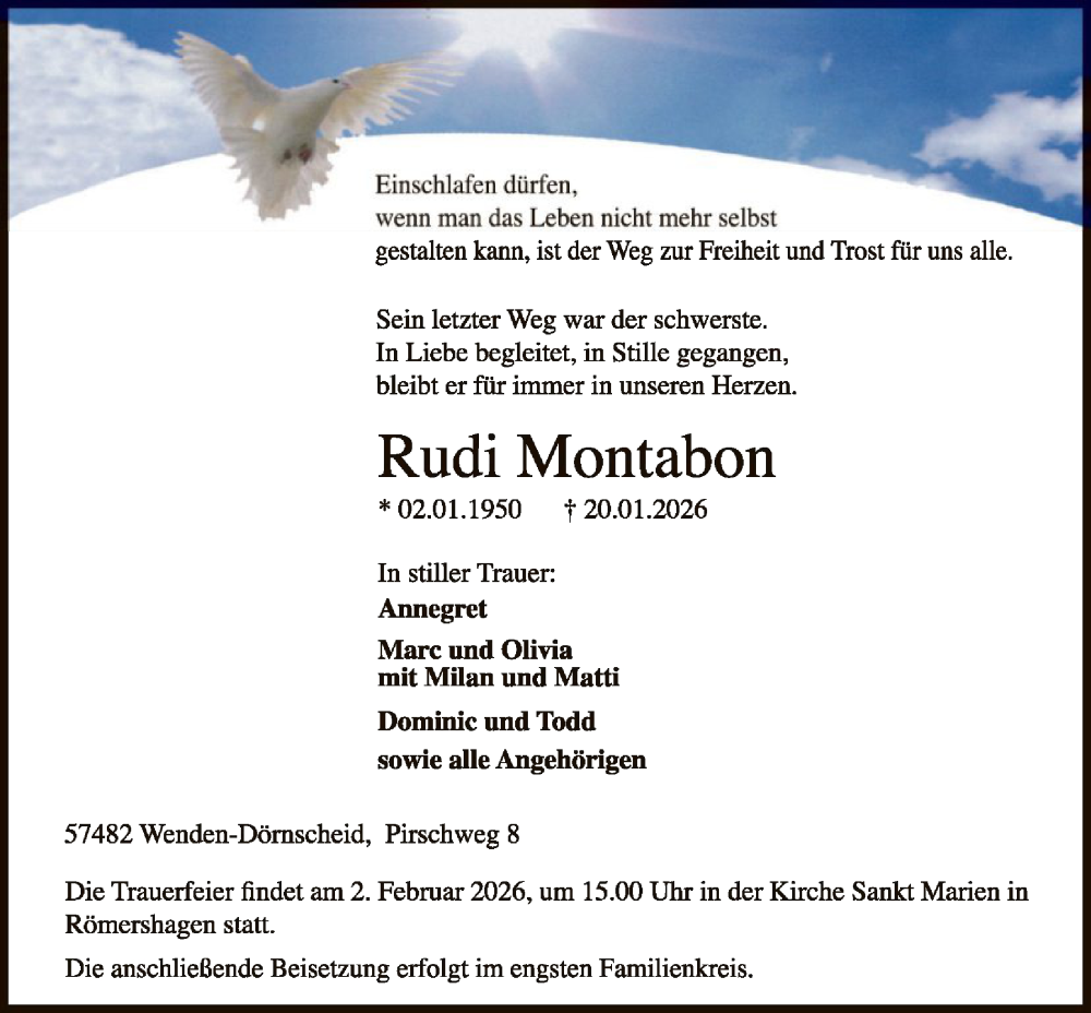  Traueranzeige für Rudi Montabon vom 31.01.2026 aus HASK
