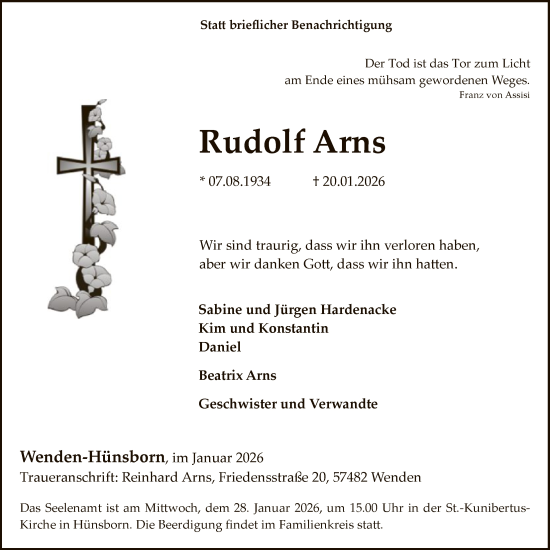 Traueranzeige von Rudolf Arns von HASK