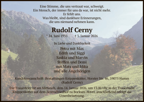 Traueranzeige von Rudolf Cerny von HAWA