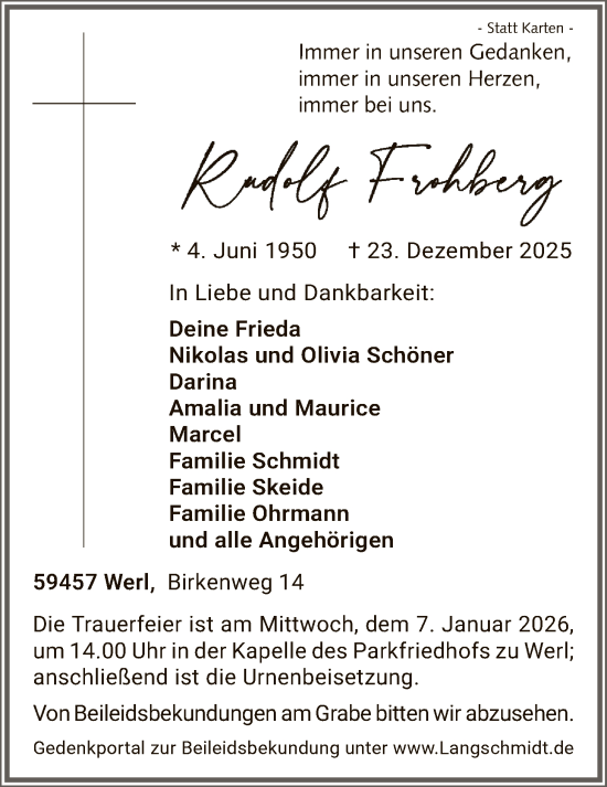 Traueranzeige von Rudolf Frohberg von HASO