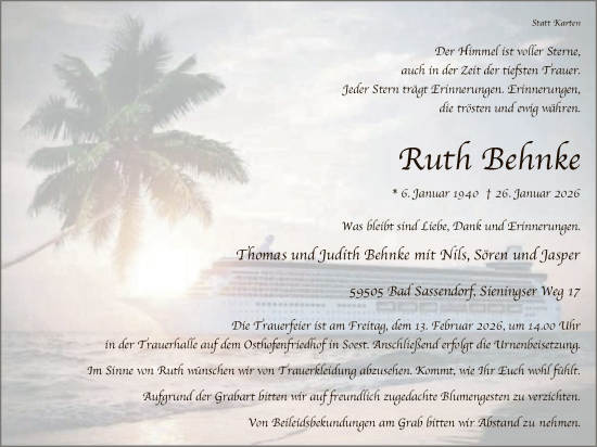 Traueranzeige von Ruth Behnke von HASO
