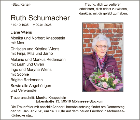 Traueranzeige von Ruth Schumacher von HASO