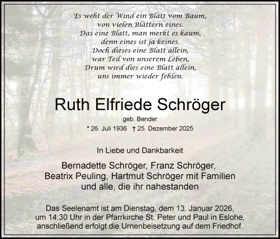 Traueranzeige von Ruth Elfriede Schröger von HASK