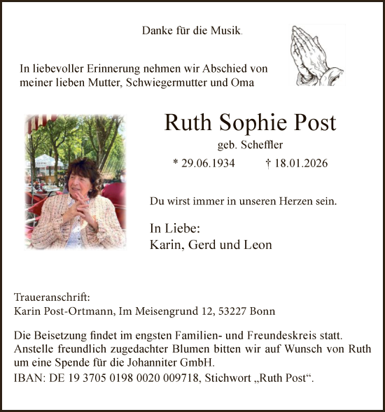 Traueranzeige von Ruth Sophie Post von HASK