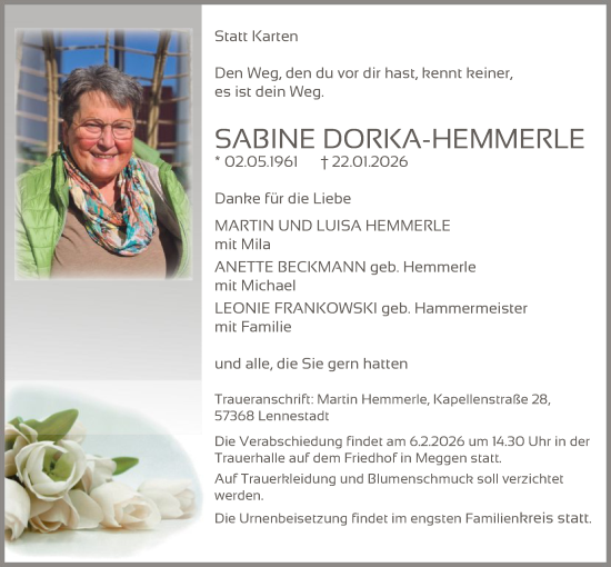 Traueranzeige von Sabine Dorka-Hemmerle von HASK