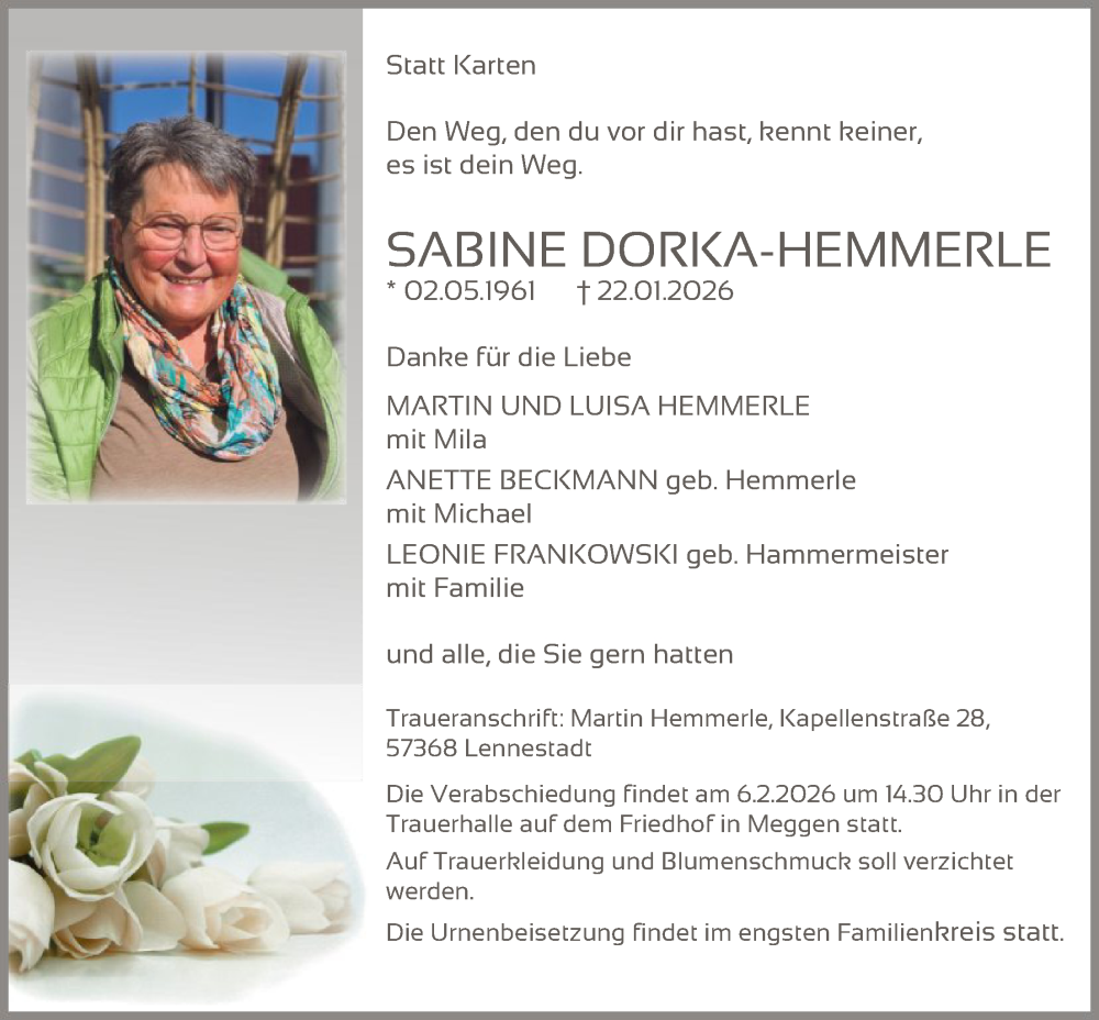  Traueranzeige für Sabine Dorka-Hemmerle vom 31.01.2026 aus HASK