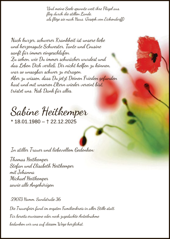 Traueranzeige von Sabine Heitkemper von HAWA