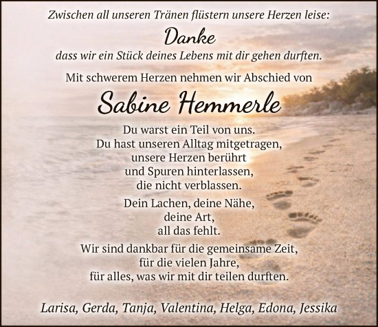 Traueranzeige von Sabine Hemmerle von HASK