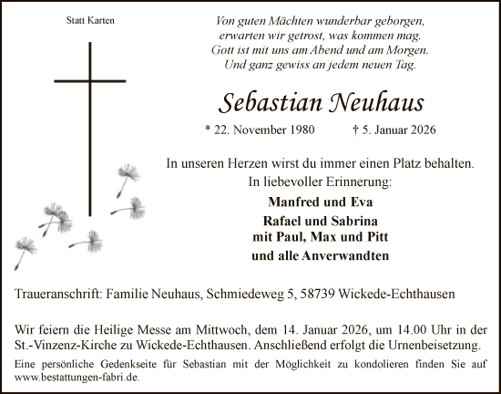 Traueranzeige von Sebastian Neuhaus von HASO