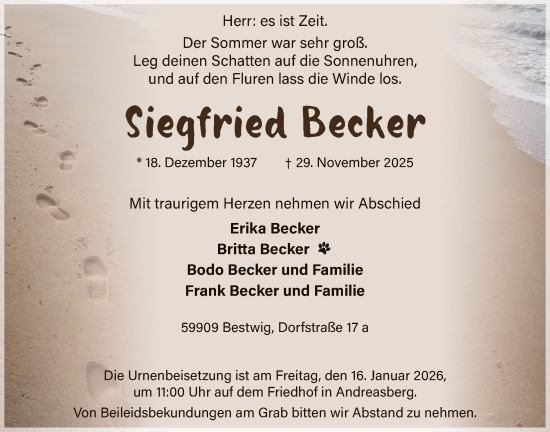Traueranzeige von Siegfried Becker von HASK