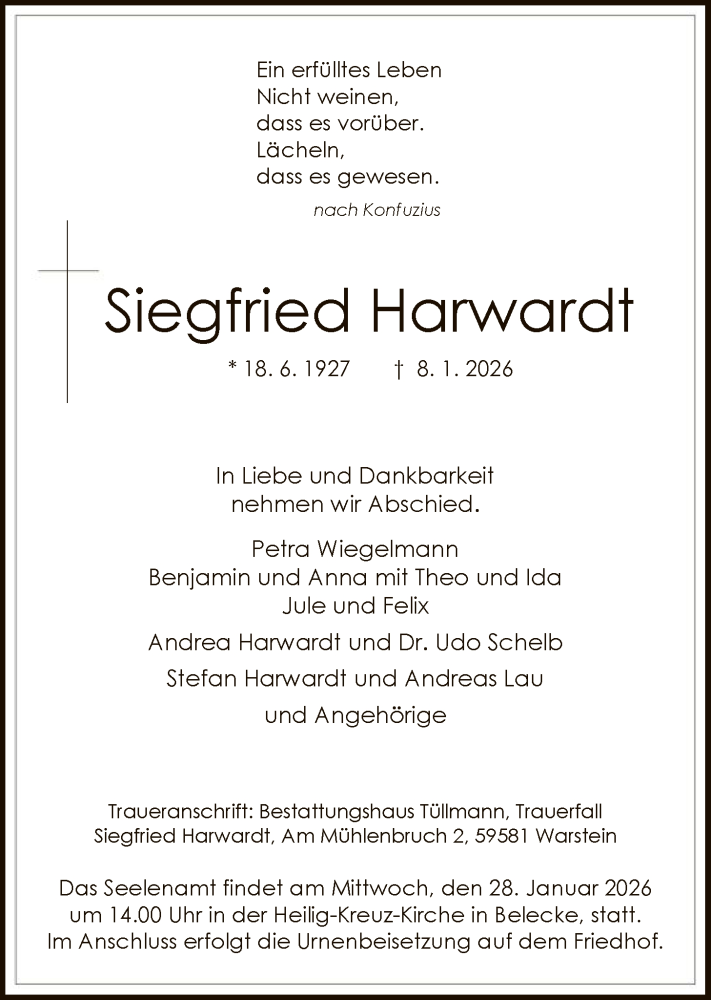  Traueranzeige für Siegfried Harwardt vom 17.01.2026 aus HASO