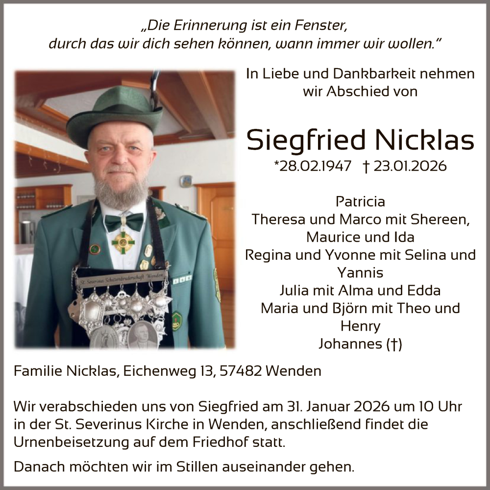  Traueranzeige für Siegfried Nicklas vom 31.01.2026 aus HASK