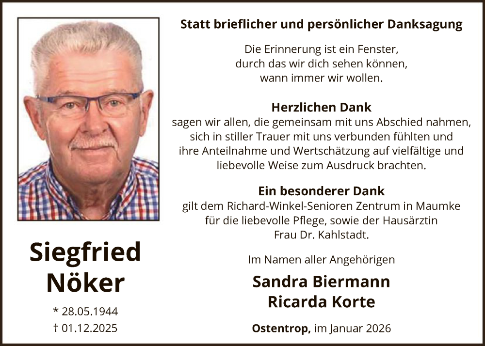  Traueranzeige für Siegfried Nöker vom 17.01.2026 aus HASK