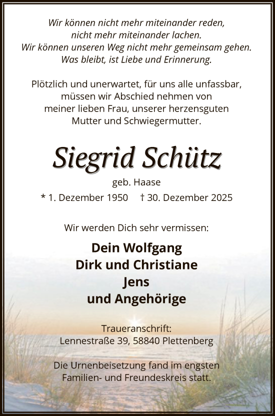 Traueranzeige von Siegrid Schütz von HALN