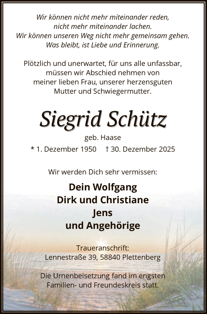  Traueranzeige für Siegrid Schütz vom 14.01.2026 aus HALN