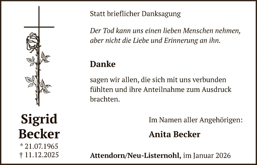  Traueranzeige für Sigrid Becker vom 31.01.2026 aus HASK
