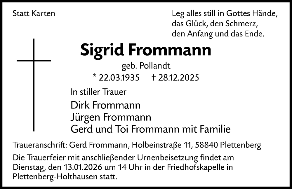  Traueranzeige für Sigrid Frommann vom 08.01.2026 aus HALN