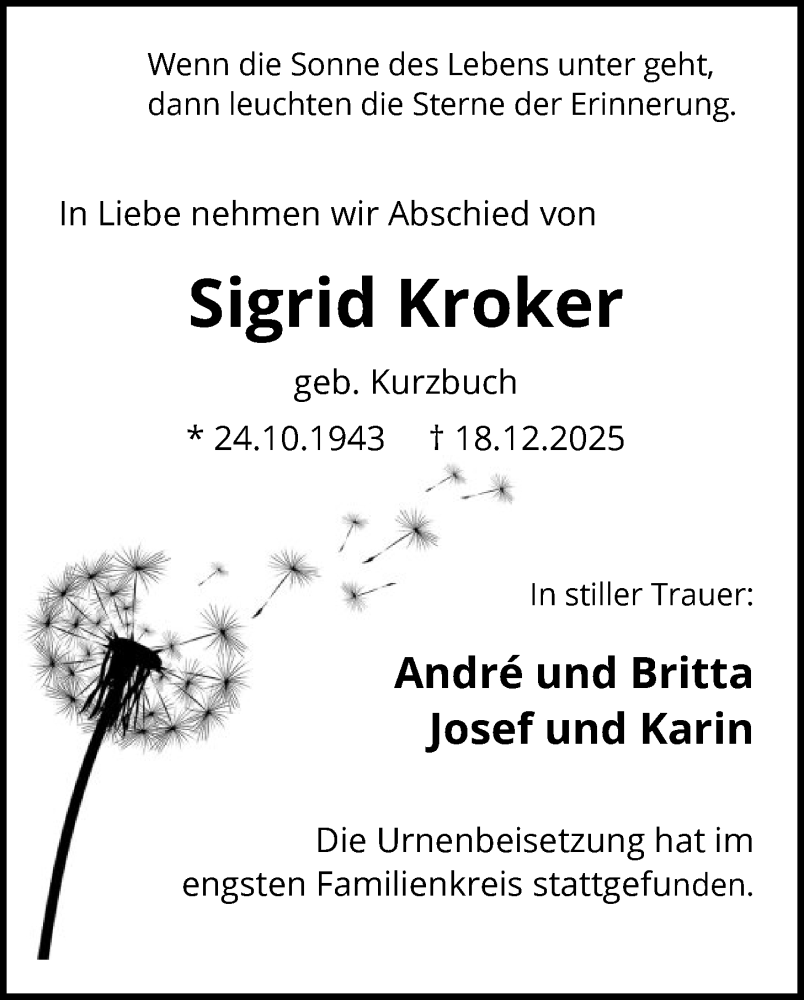  Traueranzeige für Sigrid Kroker vom 31.01.2026 aus HALN