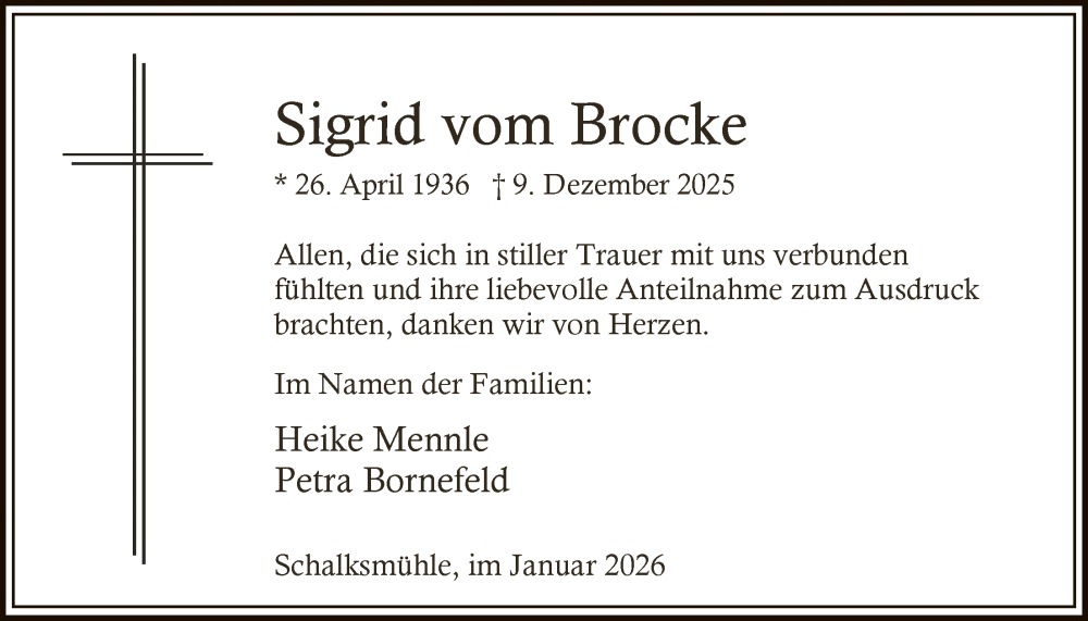  Traueranzeige für Sigrid vom Brocke vom 17.01.2026 aus HALN