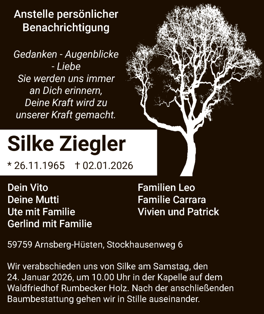  Traueranzeige für Silke Ziegler vom 10.01.2026 aus HASK