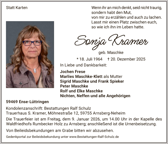 Traueranzeige von Sonja Kramer von HASK