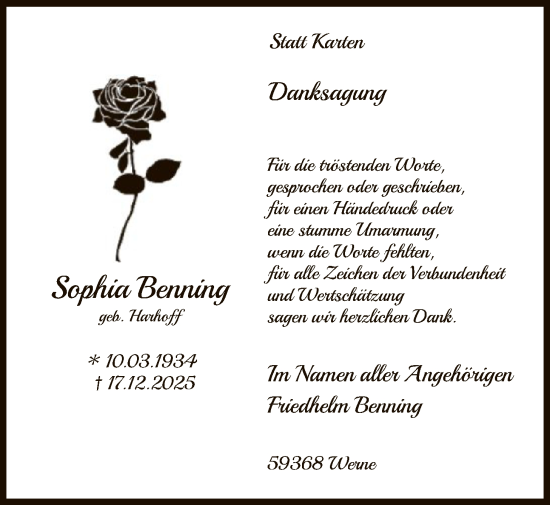 Traueranzeige von Sophia Benning von HAWA