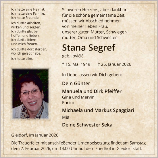 Traueranzeige von Stana Segref von HASK