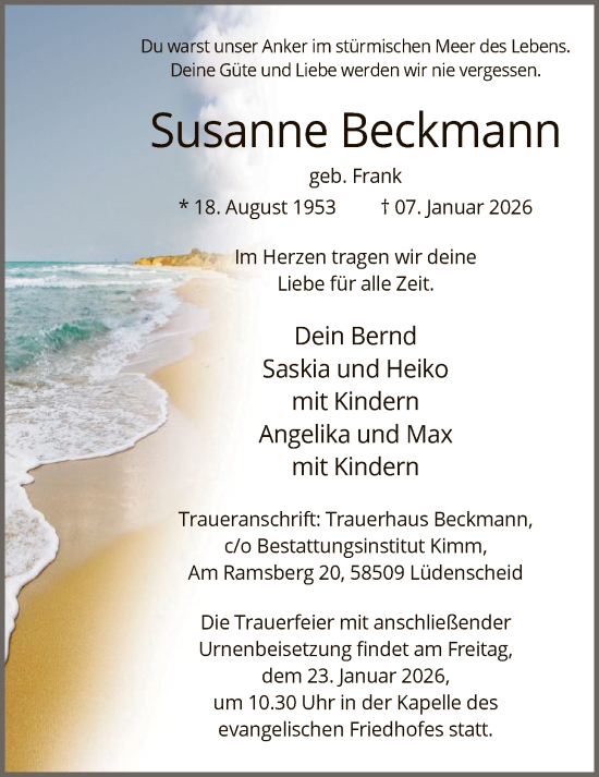 Traueranzeige von Susanne Beckmann von HALN