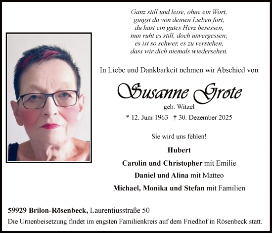 Traueranzeige von Susanne Grote von HASK