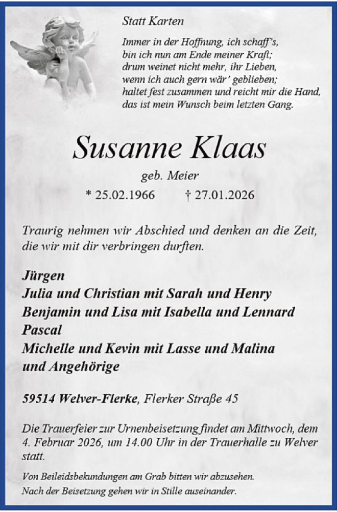  Traueranzeige für Susanne Klaas vom 30.01.2026 aus HASO