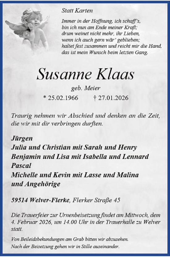 Traueranzeige von Susanne Klaas von HASO