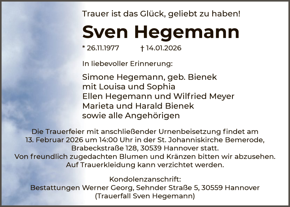  Traueranzeige für Sven Hegemann vom 31.01.2026 aus HAWA