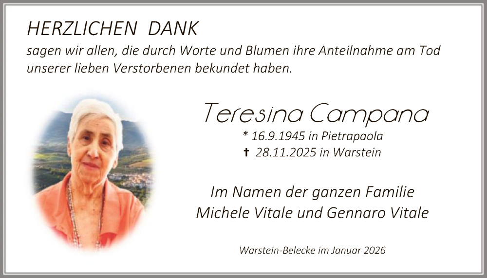  Traueranzeige für Teresina Campana vom 07.01.2026 aus HASO