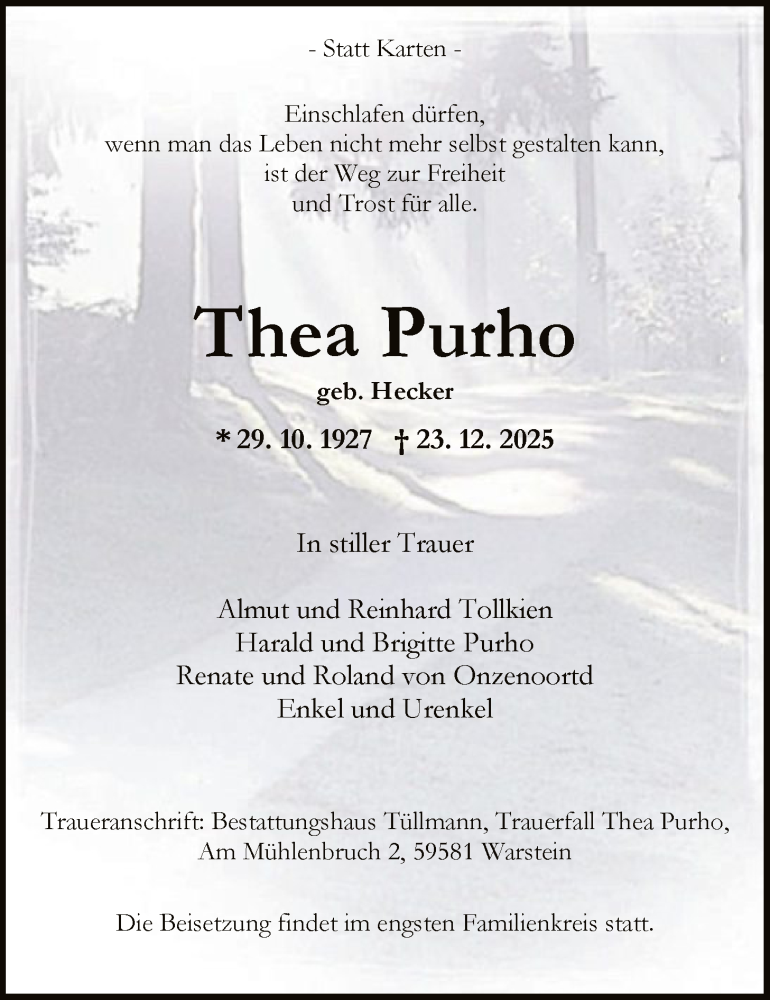  Traueranzeige für Thea Purho vom 10.01.2026 aus HASO