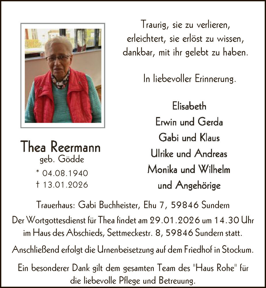  Traueranzeige für Thea Reermann vom 24.01.2026 aus HASK