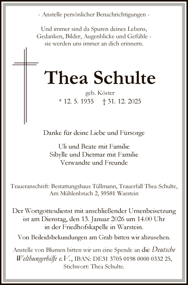  Traueranzeige für Thea Schulte vom 10.01.2026 aus HASO
