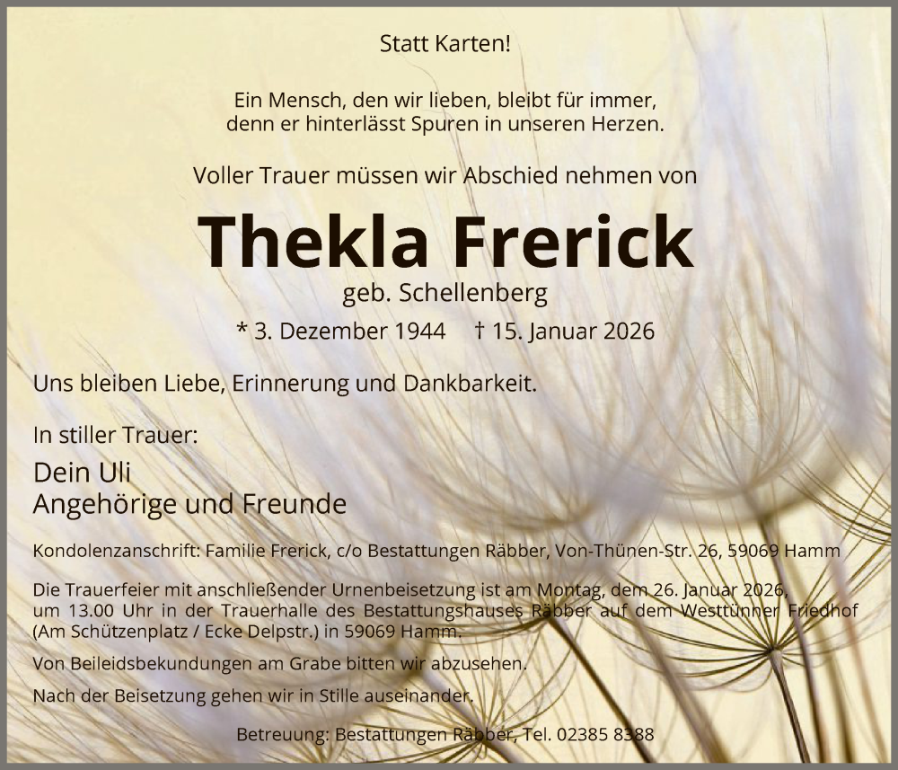  Traueranzeige für Thekla Frerick vom 21.01.2026 aus HAWA