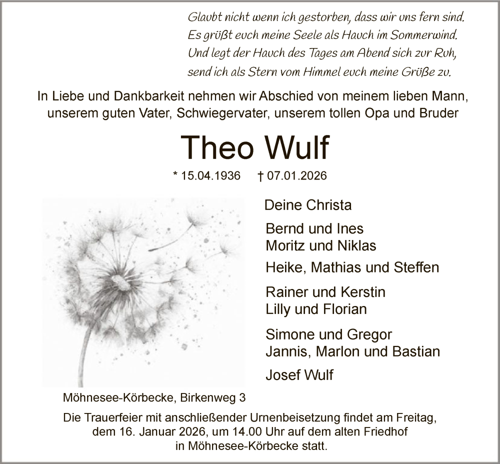  Traueranzeige für Theo Wulf vom 10.01.2026 aus HASO