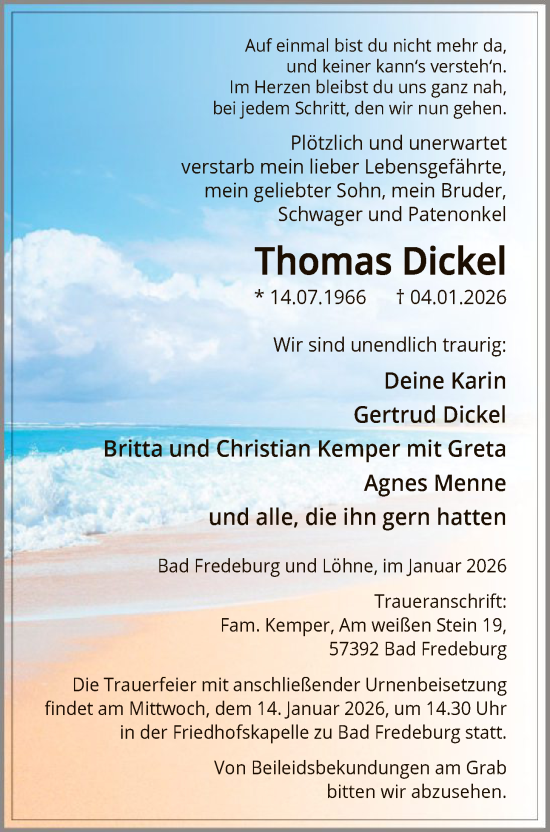 Traueranzeige von Thomas Dickel von HASK