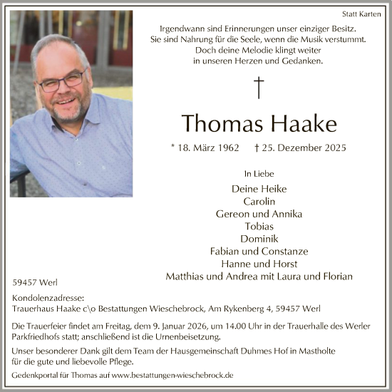 Traueranzeige von Thomas Haake von HASO